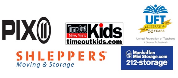 Logos for PIX11, Time Out Kids, Schleppers Moving and Storage, UFT, and Manhattan Mini Storage