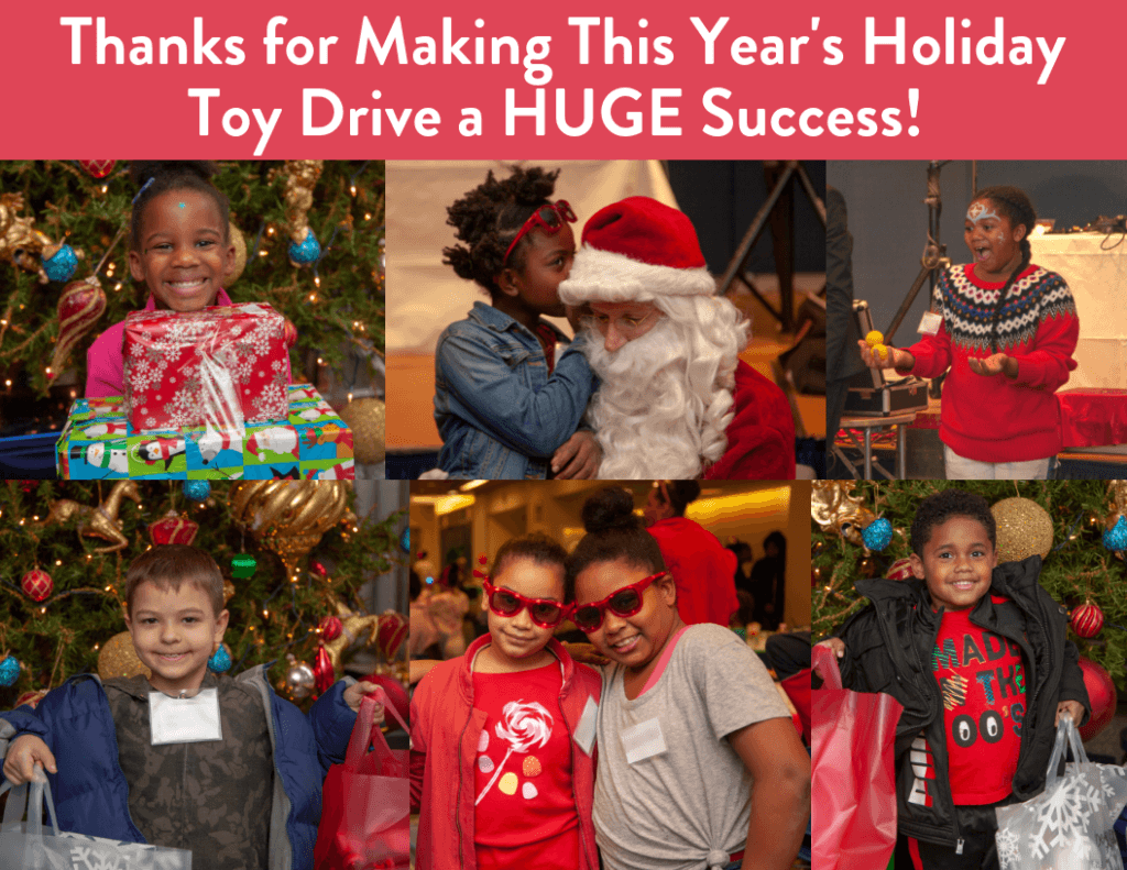 Photo collage of kids with holiday gifts. CAPTION: Thank you for making this year's holiday toy drive a huge success!