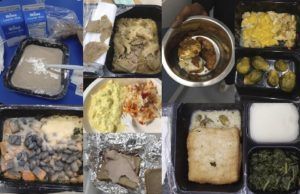 A collage of photos of spoiled or unappetizing food served at shelters