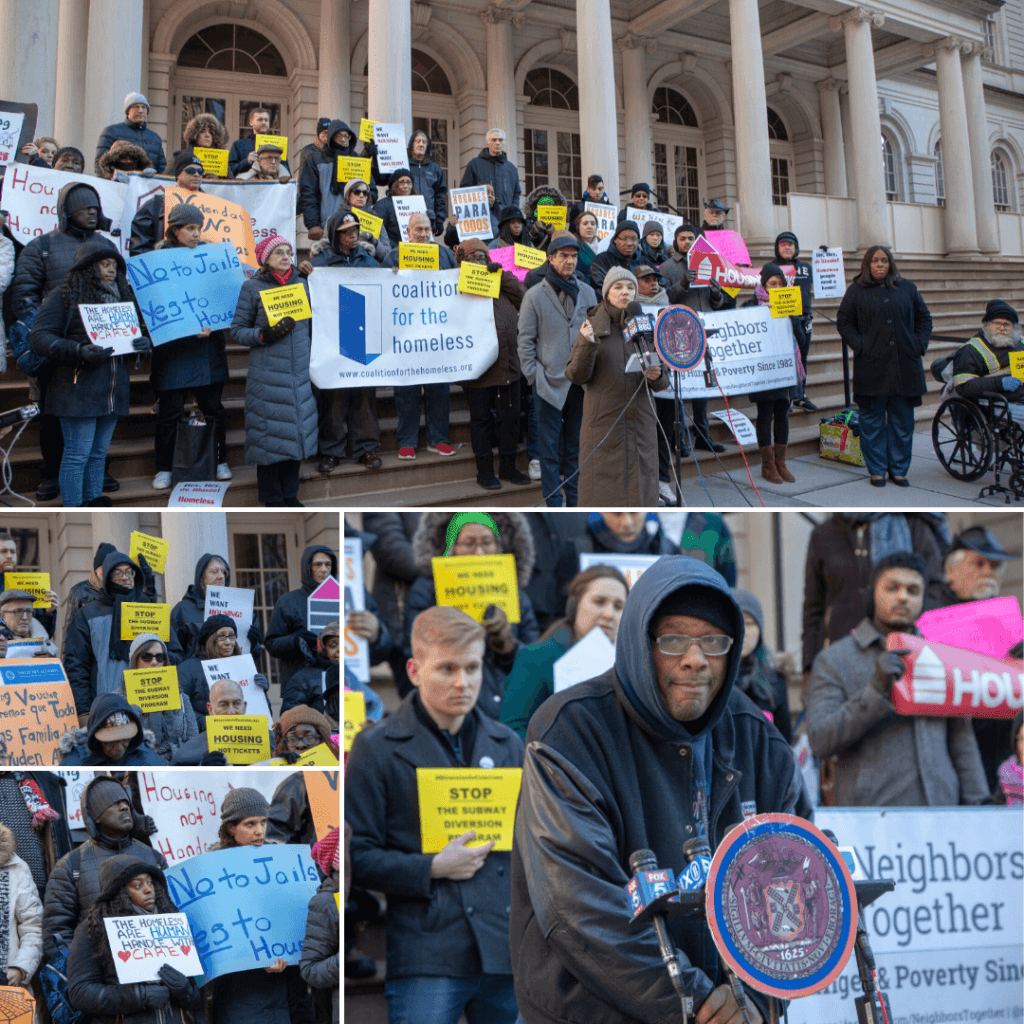 Photo collage featuring people on the steps of city hall at a rally