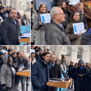 Coalition for the Homeless staff and elected officials stand in front of City Hall for a press conference