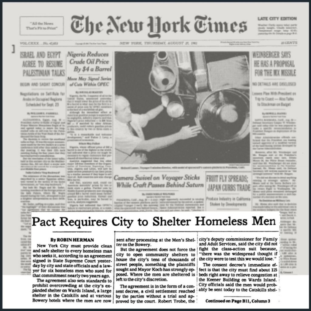 A 1981 New York Times front page with an article pulled out and highlighted that reads "Pact Requires City to Shelter Homeless Men," by Robin Herman.