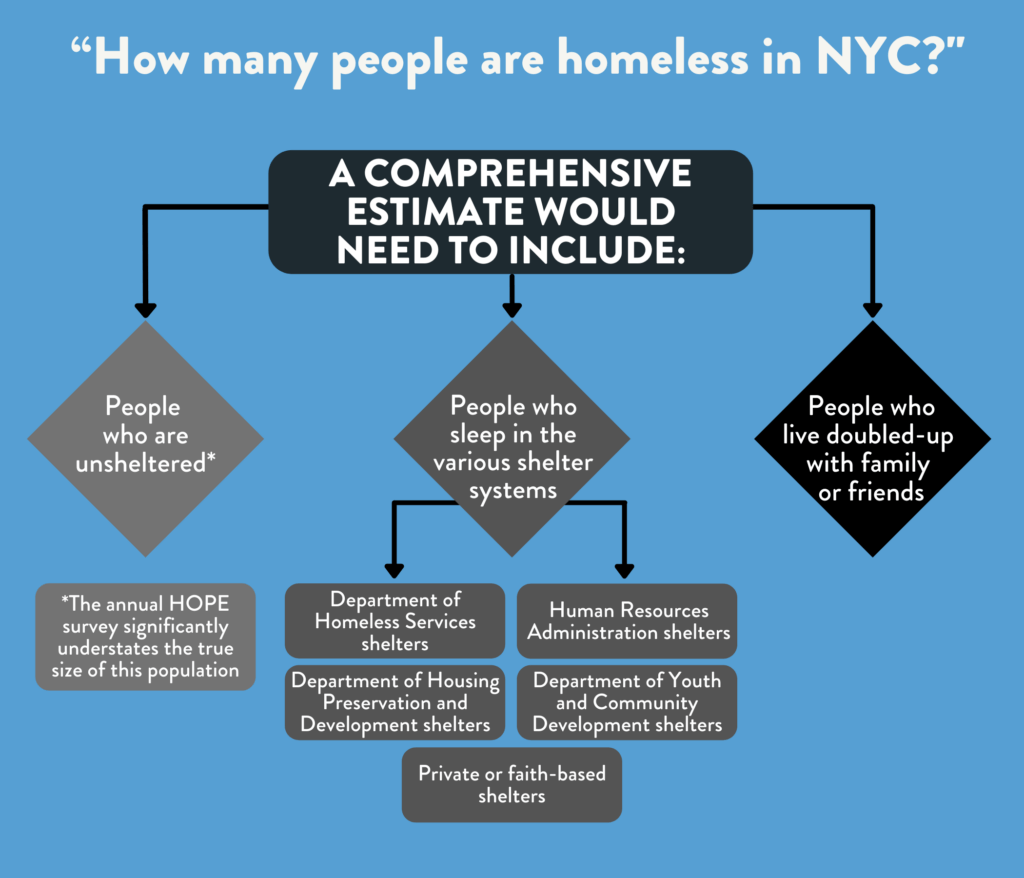 A blue chart titled, “How many people are homeless in NYC?" with three sub-sections indicating that a comprehensive estimate would need to include: People who are unsheltered, People who sleep in the various shelter systems, and People who live doubled-up  with family or friends.