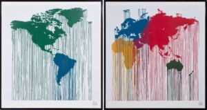 Two images: The western hemisphere in green and blue, and the eastern hemisphere in yellow, blue, red, and green. Paint is dripping toward the bottom.
