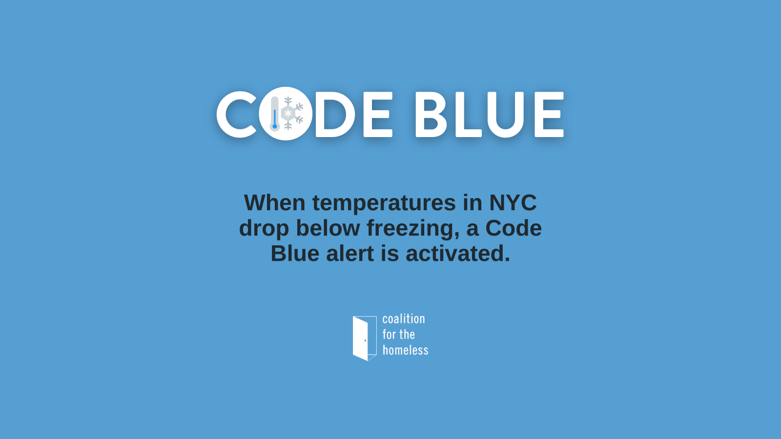 A graphic that reads "code blue: when temperatures in NYC drop below freezing, a Code Blue alert is activated.