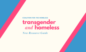 Cream, blue and pink banner with text that reads "Coalition for the Homeless; transgender and homeless; new resource guide".