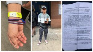 Three images. From left to right: A yellow wristband; a single adult male standing outside St. Brigid’s School in New York; a letter in Spanish distributed to those seeking shelter about the new settlement rules.