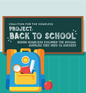 Project: Back to School web banner with text "giving homeless children the school supplies they need to succeed".