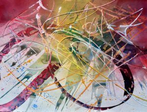 A vibrant abstract painting featuring a dynamic composition of swirling lines, splatters, and brushstrokes. The artwork combines layers of bold colors, including reds, greens, yellows, and blues, with expressive white and black lines that crisscross and intertwine throughout the piece. The energetic movement of the paint creates a sense of chaos and spontaneity, while the blending of colors adds depth and texture.
