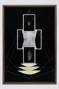 This artwork features a collection of black and white photographs arranged on a dark background, connected by delicate lines. The composition includes images of a human form and natural elements like leaves, all contained within white geometric frames of different sizes.