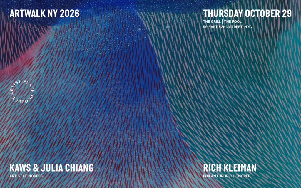 Colorful background with the text, " ARTWALK NY 2026, Thursday October 29, Grill | Pool, 99 East 52nd Street, NY, KAWS & Julia Chiang, Artist Honorees, Rich Kleiman, Philanthropic Honoree