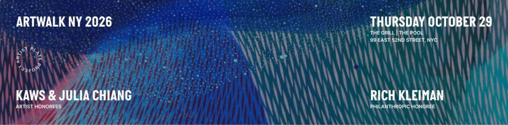 Colorful background with the text, " ARTWALK NY 2026, Thursday October 29, Grill | Pool, 99 East 52nd Street, NY, KAWS & Julia Chiang, Artist Honorees, Rich Kleiman, Philanthropic Honoree